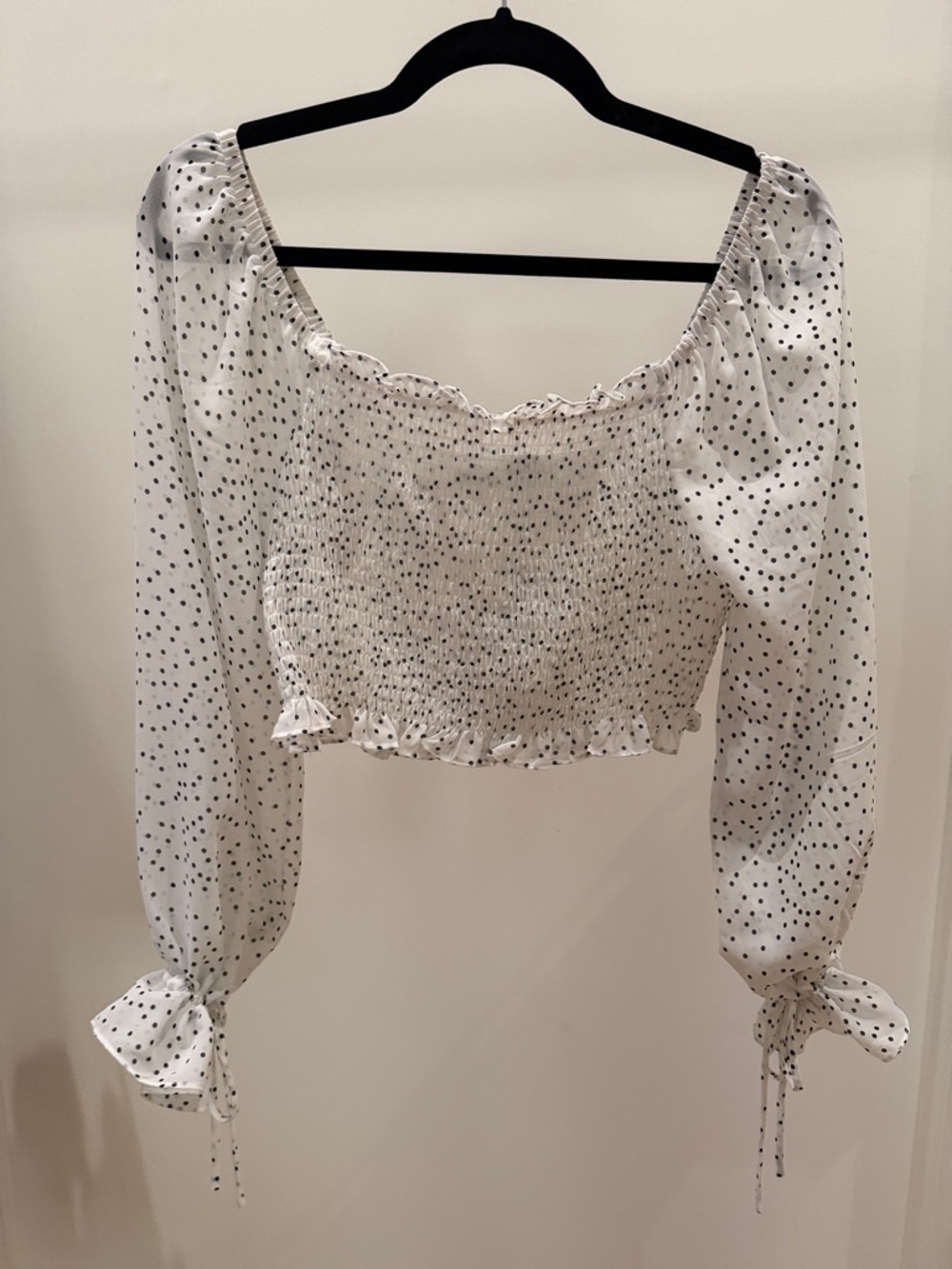 Fashion Nova White Smocked Polka Dot Long Sleeve Crop Top